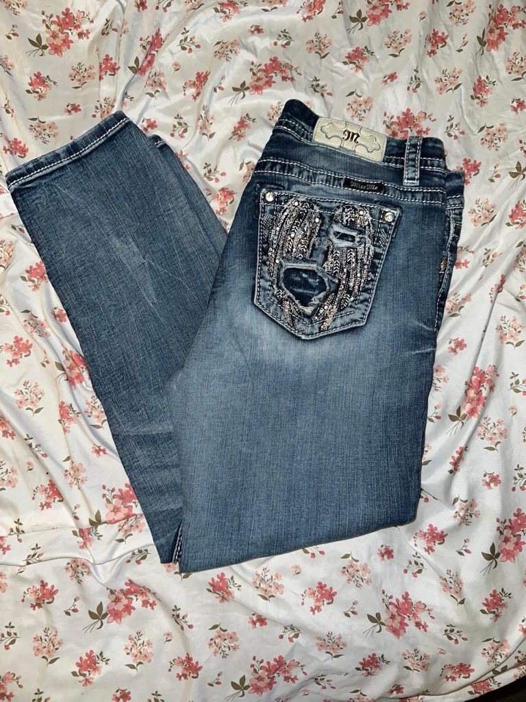 Rock Revival Distressed Embellished Back Pocket Skinny Jeans - Blue